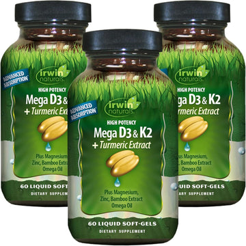 Irwin Naturals High Potency Mega D3 & K2 + Turmeric Extract - 60 Liquid Soft-Gels, Pack Of 3 - Healthy Bones & Immune Function - 90 Total Servings