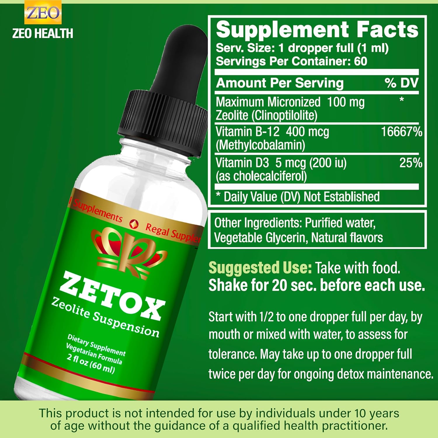 ZETOX | Zeolite Detox for Kids and Adults | Enhanced with Methyl Vitamin B12 and D3 | Premium Grade Liquid Clinoptilolite Zeolite Drops | Supports Gentle Daily Detox, Energy, and Focus (60 Servings) : Health & Household