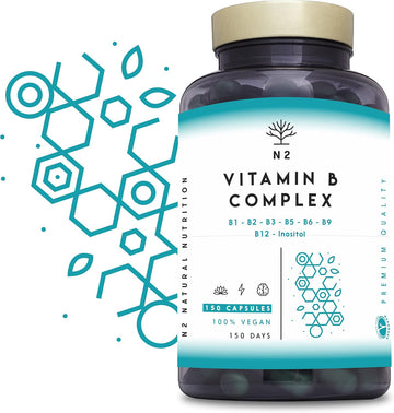 Vitamin B Complex High Strength. Vitamin B12, B9 (Folic Acid), B7 (Biotin), B6, B5, B3, B2, B1,Inositol. Improves Mental Performance And Reduces Fatigue. 150 Capsules. Vegan. Ce. N2 Natural Nutrition