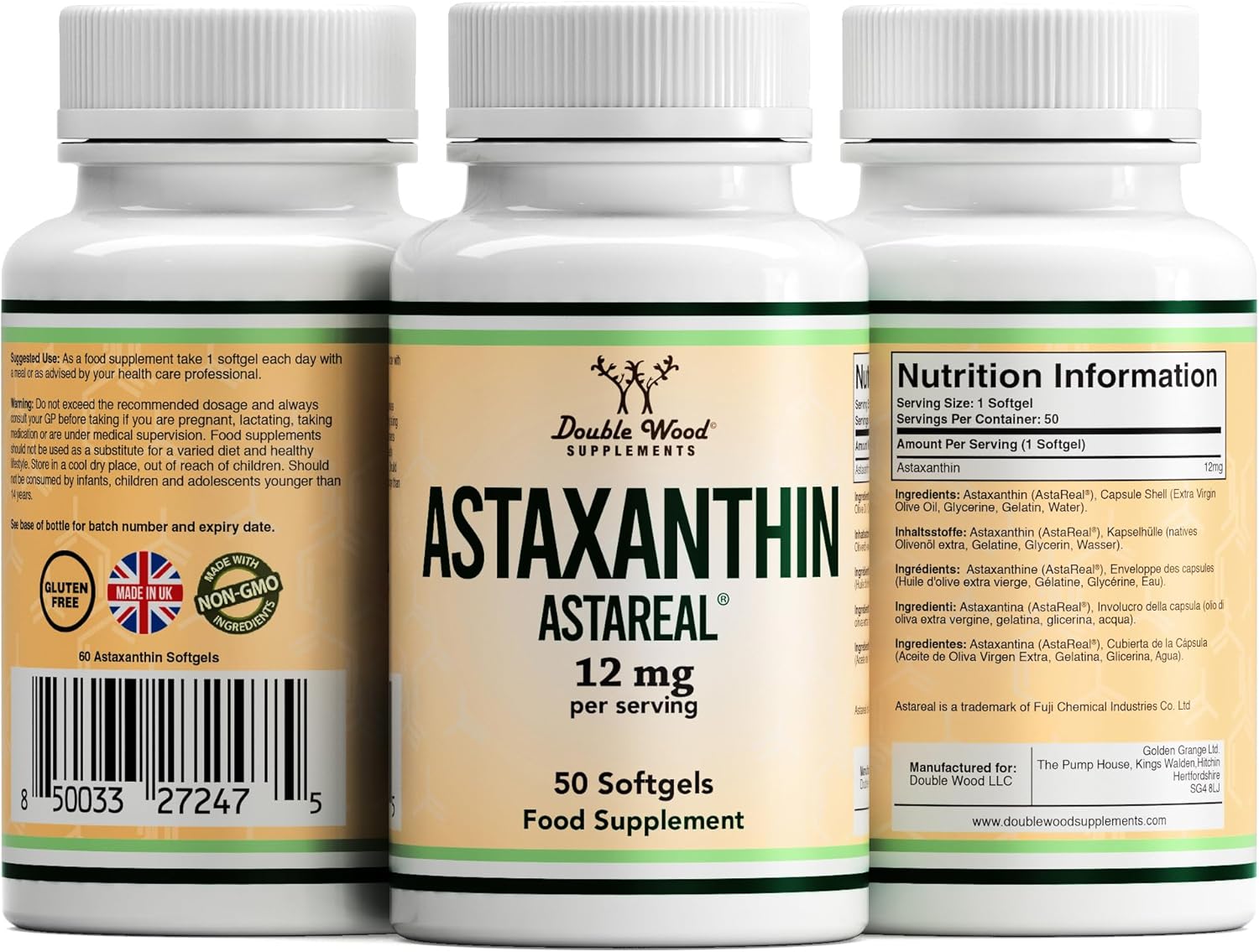 Double Wood ASTAREAL Natural Astaxanthin | 50 Softgels - 12mg Natural Astaxanthin Per Serving | High Strength Antioxidant Supplement Backed by 35 Years of Research | Non-GMO & Gluten Free : Amazon.co.uk: Health & Personal Care