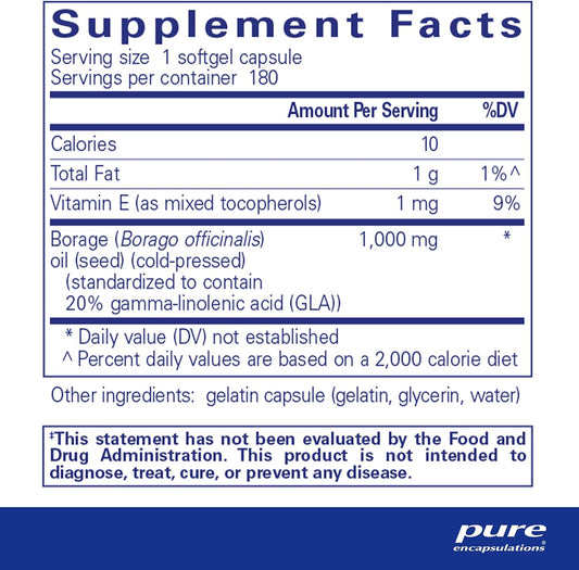 Pure Encapsulations Borage Oil | Hypoallergenic Dietary Supplement | 180 Softgel Capsules