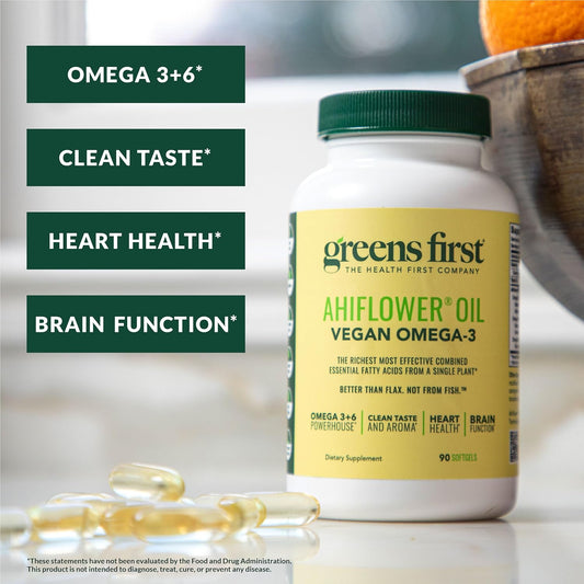 Greens First Ahiflower Oil Plant-Based Omega-3 Supplement – Vegan Omega-3 To Support Brain, Immune, Joint & Heart Health - Essential Fatty Acids - Gluten-Free/Dairy-Free/Soy-Free (90 Softgels)