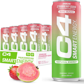 C4 Smart Energy Drink - Sugar Free Performance Fuel & Nootropic Brain Booster, Coffee Substitute Or Alternative | Strawberry Guava 12 Oz - 12 Pack