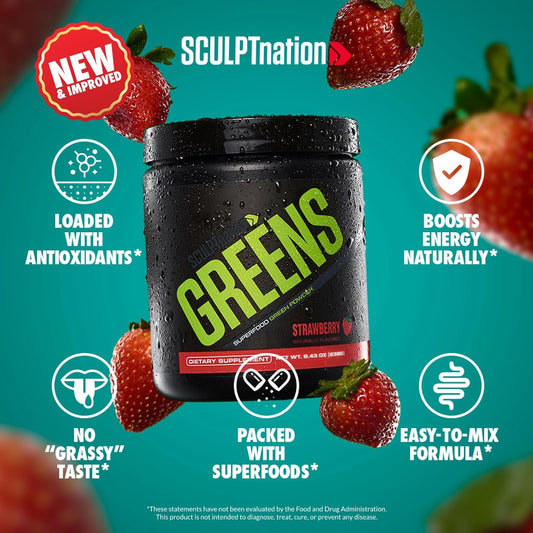Sculpt Nation By V Shred Greens Strawberry - Premium Greens Powder & Superfood Blend With Collagen To Support Skin, Digestion, And Energy - 30-Day Supply