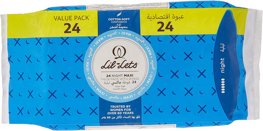 Lil-Lets Maxi Thick Period Pads X 24, Night Absorbency, with Wings, 1 Pack of 24 Maxi Pads, for Very Heavy/Extra Heavy Overnight Flow, Unscented, Nightime Sanitary Towel