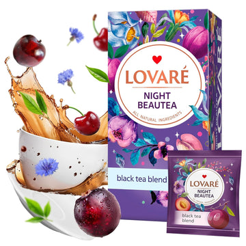 Lovare Night Beautea Tea Bags 48 G - Made In Ukraine - Ceylon Black Tea, Cherry Berries, Cornflower Petals, Royal Pomegranate Plum - Individually Wrapped - Gift Box For Tea Lovers (24 X 2 G)