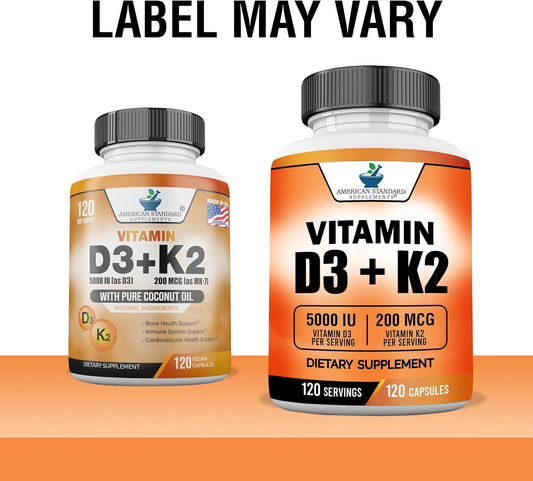 American Standard Supplements Vitamin D3 5000 Iu (125Mcg) Plus Vitamin K2 (Mk7) 200Mcg Per Capsule - Gluten Free, Non-Gmo, 120 Capsules, 120 Servings, 120 Day Supply