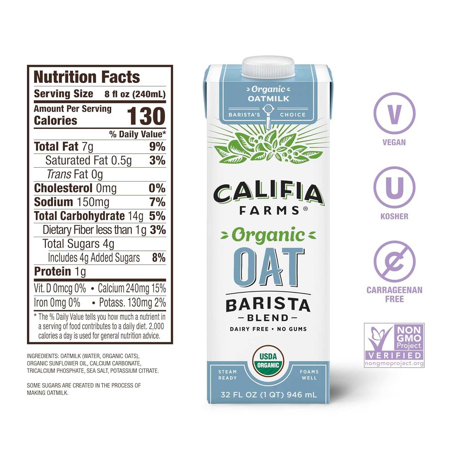 Califia Farms - Organic Oat Barista Blend Oat Milk, 32 Oz, Shelf Stable, Dairy Free, Plant Based, Vegan, Non Gmo, Organic Milk, Creamer, Milk Frother, Oatmilk