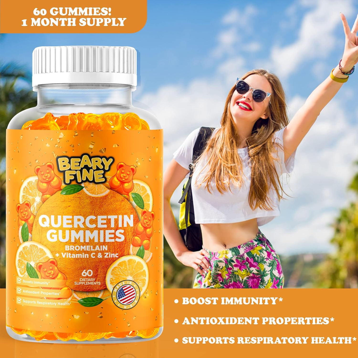 Quercetin With Bromelain Gummies - Vitamin C + Zinc & Vitamin D3 – Extra Strength Immune Support Booster - 60 Quercetin Gummies - Made In The Usa