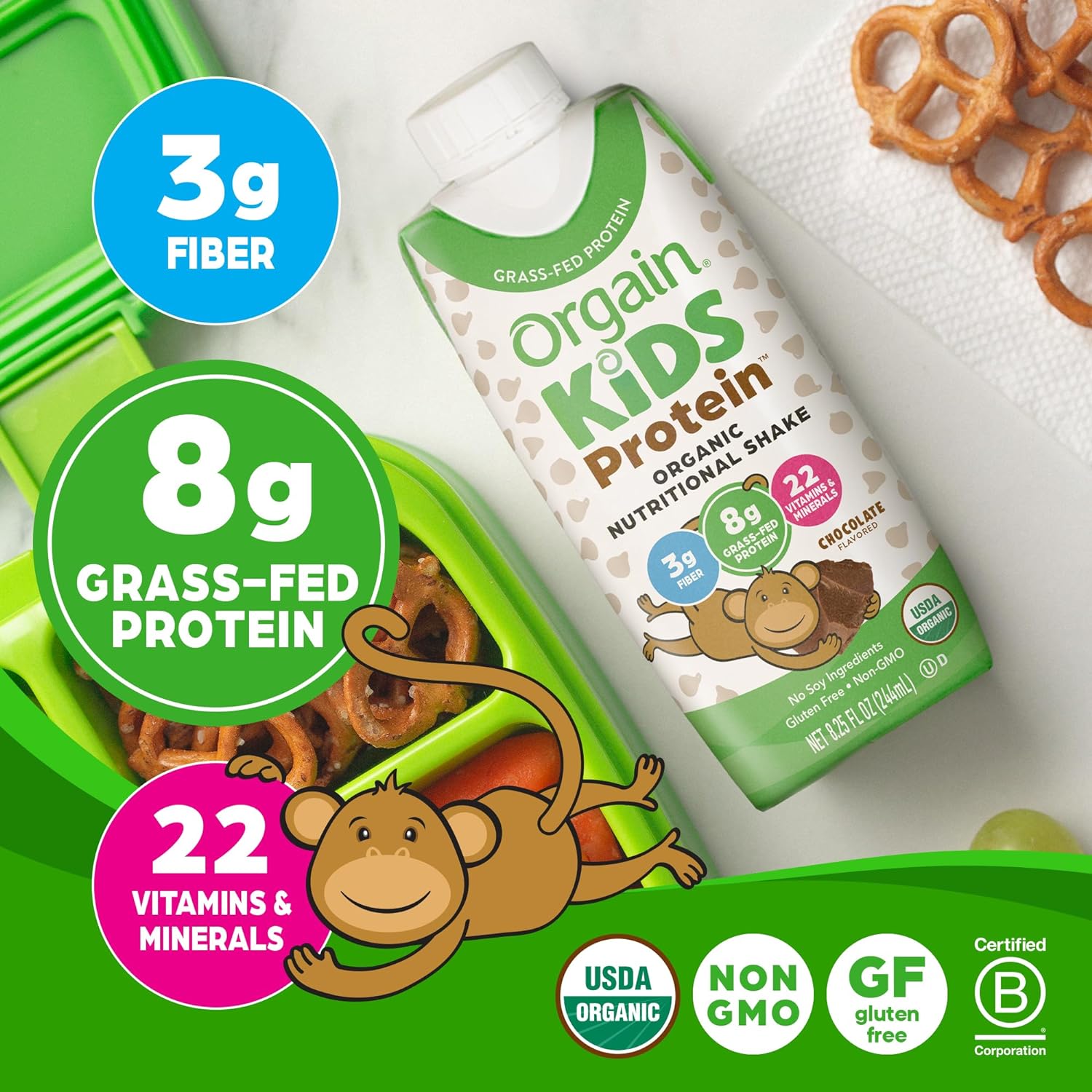 Orgain Organic Kids Nutritional Protein Shake, Chocolate, Healthy Kids Snacks, 8g Dairy Protein, 3g Fiber, 22 Vitamins & Minerals, No Soy Ingredients, Gluten Free, Non-GMO, 8.25 Fl Oz (Pack of 12) : Meal Replacement Drinks : Health & Household