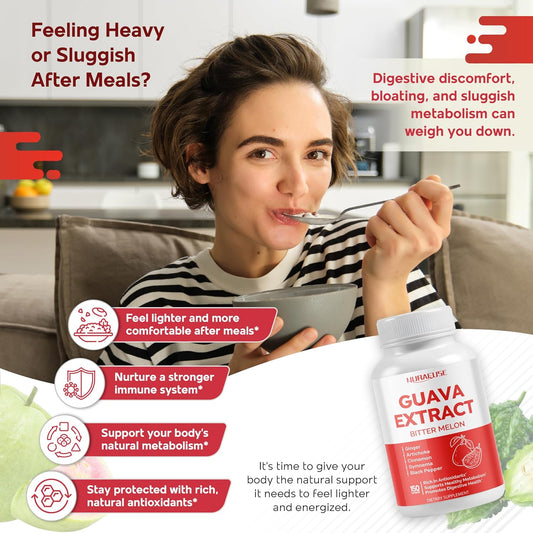 Guava Extract & Bitter Melon – Rich In Antioxidants, Supports Healthy Metabolism & Digestive Health – With Ginger, Artichoke, Cinnamon, Gymnema & Black Pepper – 150 Capsules