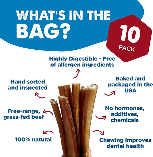 Best Bully Sticks 12 Inch All-Natural USA-Baked Bully Sticks for Dogs - 12” Fully Digestible, 100% Grass-Fed Beef, Grain and Rawhide Free | 10 Pack