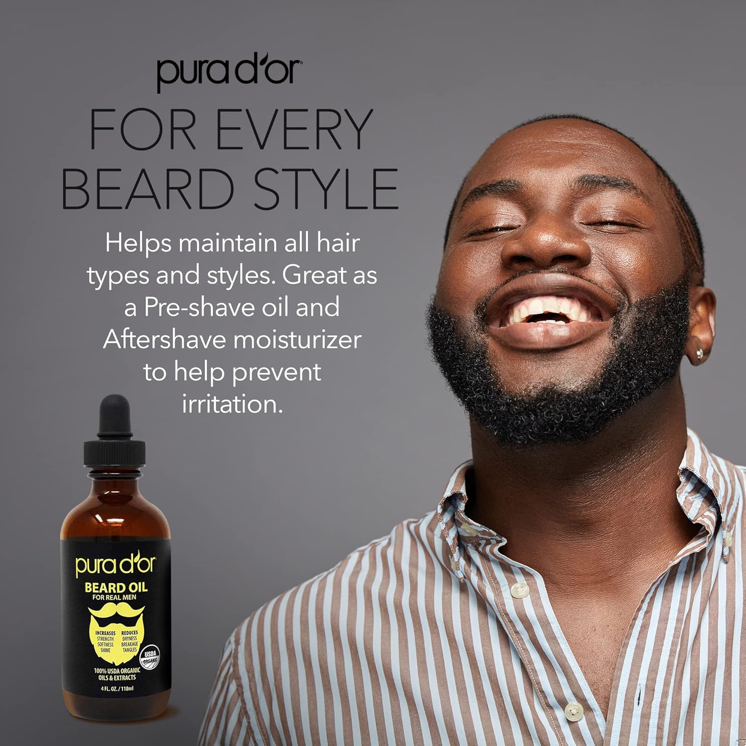 PURA D'OR 4 Oz ORGANIC Beard Oil - USDA Certified - 100% Natural Leave-In Conditioner, Argan & Jojoba Oil - Mustache Care & Maintenance, Increase Softness & Strength - Beard Hair, Skin & Face : Beauty & Personal Care