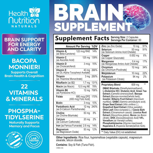 Brain Supplements For Memory And Focus - Extra Strength Nootropic Capsules For Concentration, Alertness, Cognitive Support - Phosphatidylserine, Brain Health Vitamins B6 C E Zinc - 120 Capsules