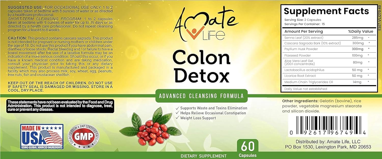 Colon Detox Advanced Cleansing Formula- All-Natural Men and Women Weight Loss Capsules- Colon Cleansing Dietary Supplements- Herbal Laxative- Colon Cleanser - Fibre Complex- 60 Capsules : Health & Household