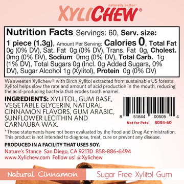 Xylichew 100% Xylitol Chewing Gum - Non Gmo, Non Aspartame, Gluten Free, And Sugar Free Gum - Natural Oral Care, Relieves Bad Breath And Dry Mouth - Cinnamon, 60 Count