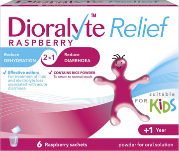 Dioralyte Relief Raspberry - Fast And Effective Rehydration Treatment To Help Replace The Loss Of Body Fluid And Electrolytes (Minerals And Salts) - Raspberry Flavour, 6 Count (Pack Of 1)