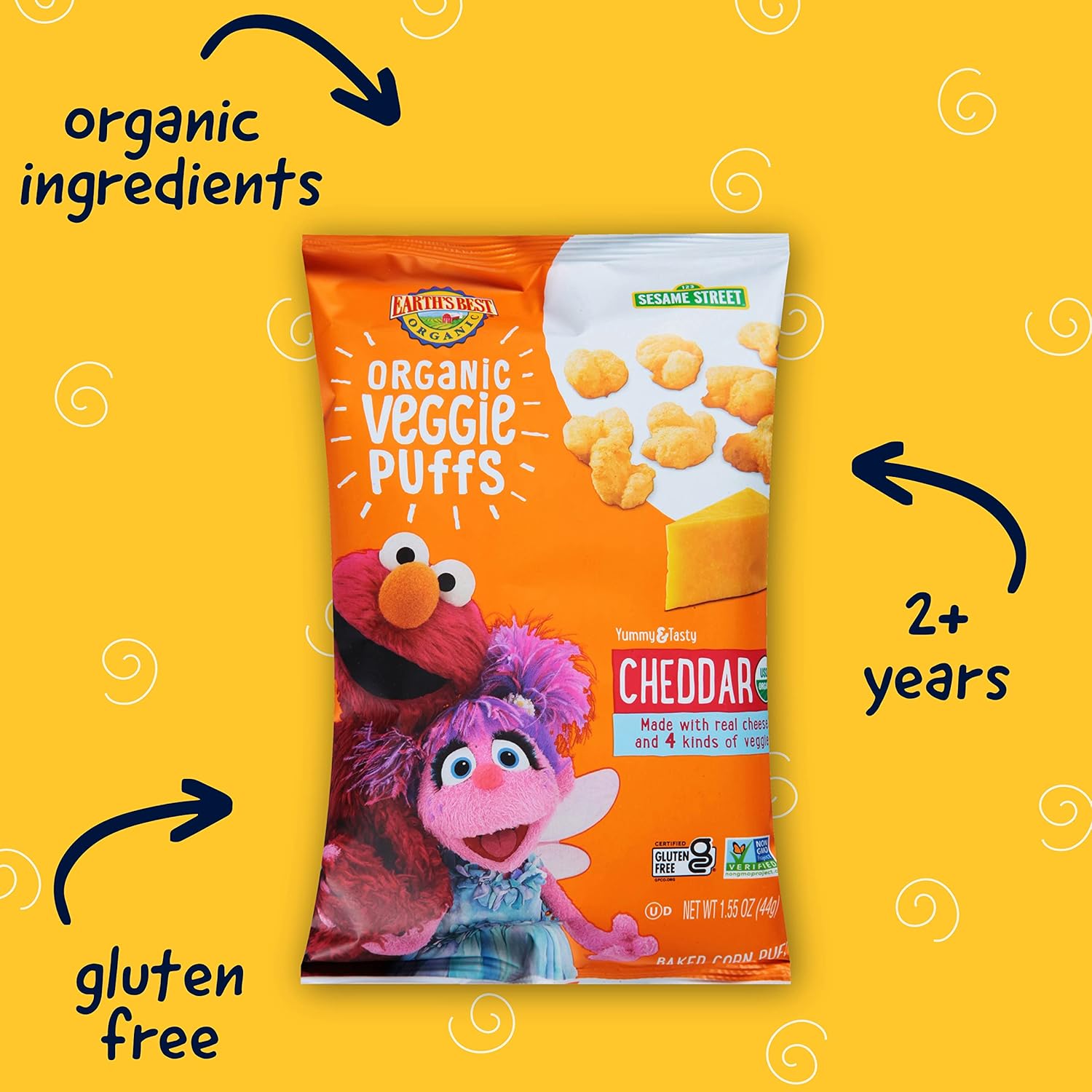 Earth'S Best Organic Veggie Puffs For Toddlers 2 Years Old And Up, Cheddar Flavor, 1.55 Ounce Bag : Everything Else