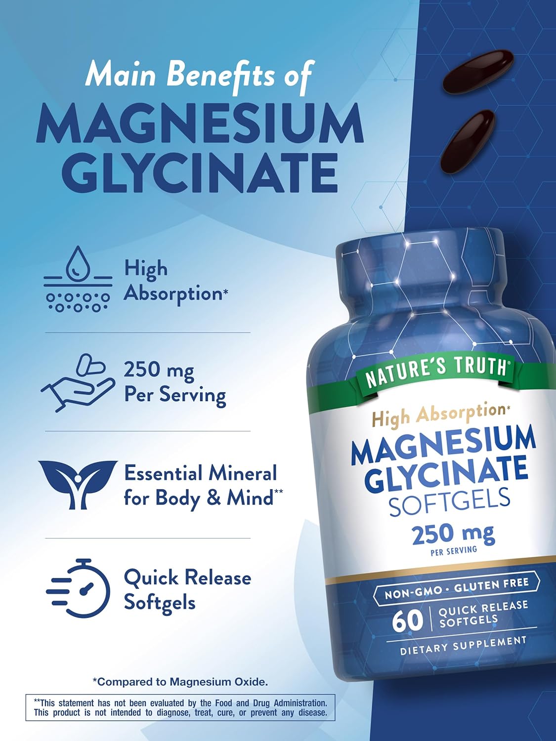 Nature's Truth Magnesium Glycinate Softgels | 250mg | 60 Pills | High Absorption | Non-GMO & Gluten Free Supplement : Health & Household
