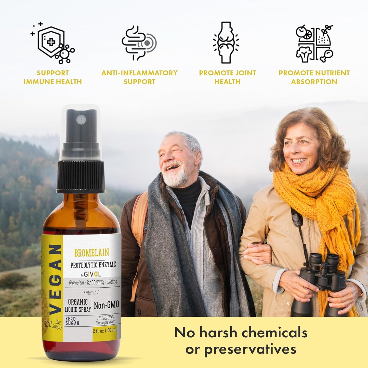Givol Organic Raw Bromelain Mist-Liquid Pineapple Extract - Enhanced Potency 500Mg, For Kids & Adults - For Digestive Health, Inflammatory Response, And Healing - Non-Gmo - 60Ml 120 Day Supply : Health & Household