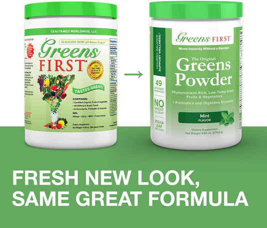 Greens First - Mint - 30 Servings - Greens Powder Superfood, 49 Superfoods, 15+ Organic Fruit & Vegetables, Antioxidant Smoothie Mix Supplement, Dairy Free, Vegan & Non-GMO - 9.86 oz