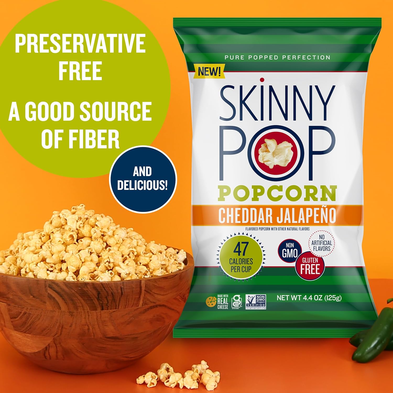 Skinnypop Cheddar Jalapeno, 4.4Oz Grocery Size Bags, Skinny Pop, Healthy Popcorn Snacks, Gluten Free