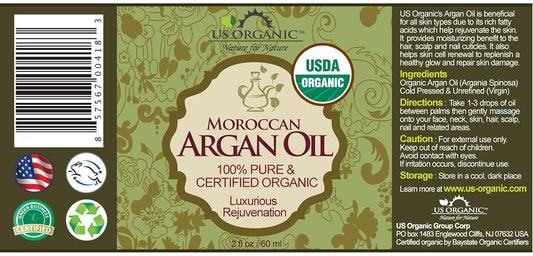 US Organic Moroccan Argan Oil, USDA Certified Organic,100% Pure & Natural, Cold Pressed Virgin, Unrefined, 2 Oz in Amber Glass Bottle, for Hair treatment, Skin, Nail, Cuticle, Sourced from Morocco