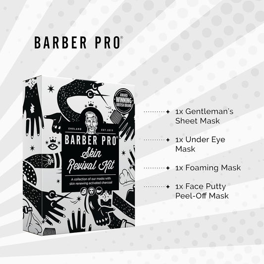 Barber Pro Skin Revival Mens Pamper Kit 4-In-1 Under Eye Mask Peel Off Putty & 2 Face Masks Rejuvinate Hydrate Soothe Tired Eyes Cleanse Pores Multi Award Winning Brand