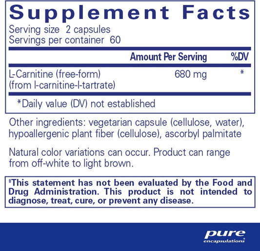 Pure Encapsulations L-Carnitine | Hypoallergenic Supplement For Cardiovascular And Endurance Support | 120 Capsules