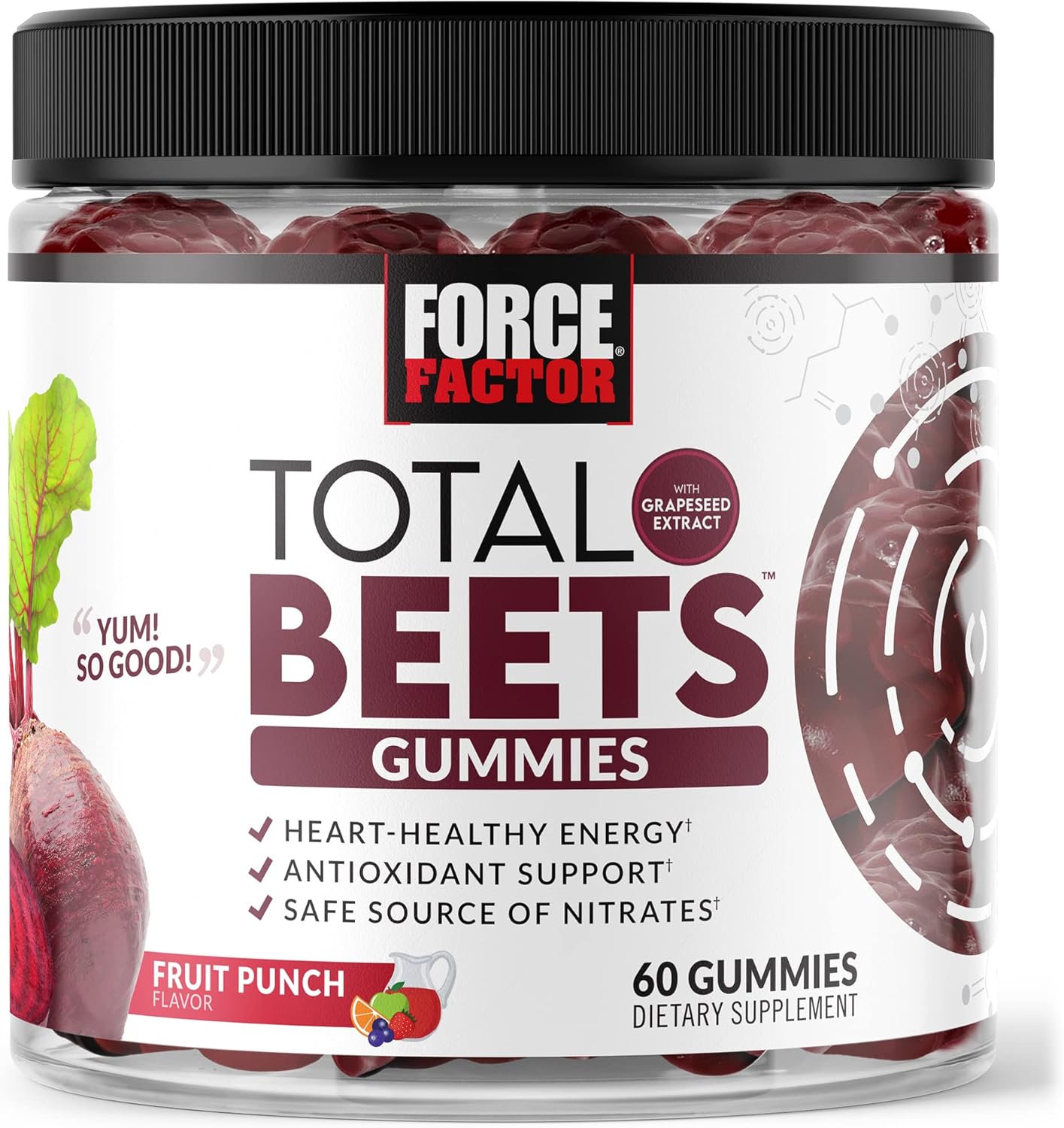Force Factor Total Beets Gummies Beet Supplement With Beet Powder,Superfood With Nitrates, Great-Tasting Beet Chewables For Heart-Healthy Energy, Antioxidant Support, And More, 60 Gummies