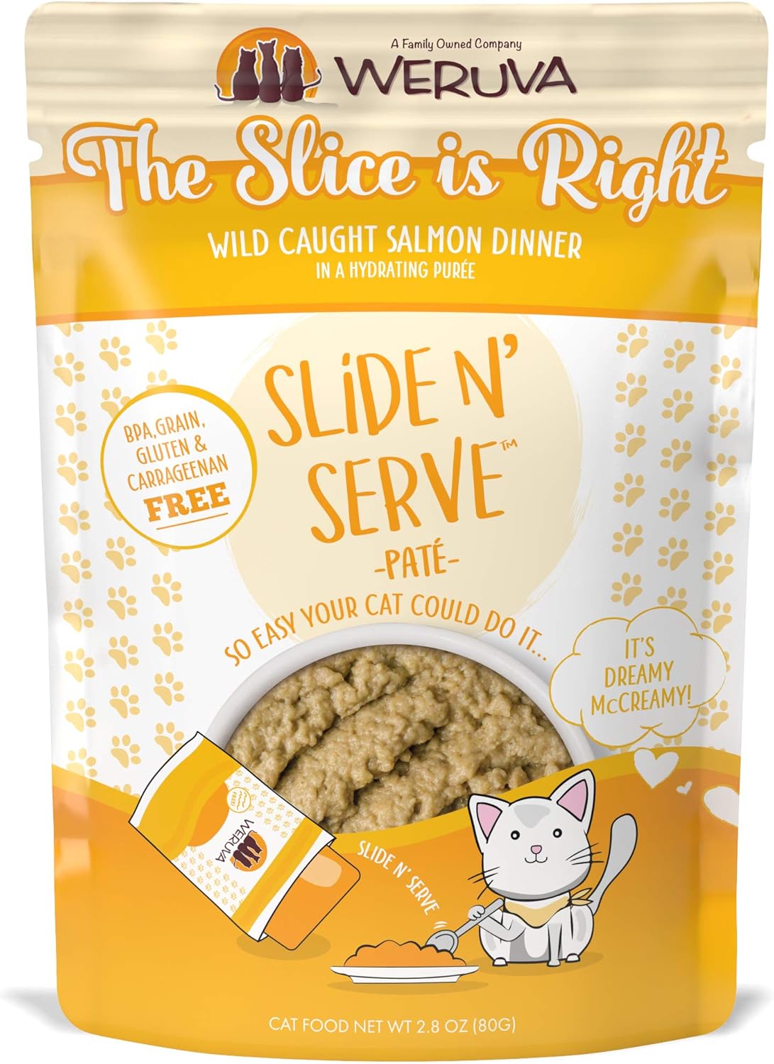 Weruva Wet Cat Food, The Slice Is Right With Wild Caught Salmon Pate, 2.8Oz Slide N Serve Pouch, Pack Of 12