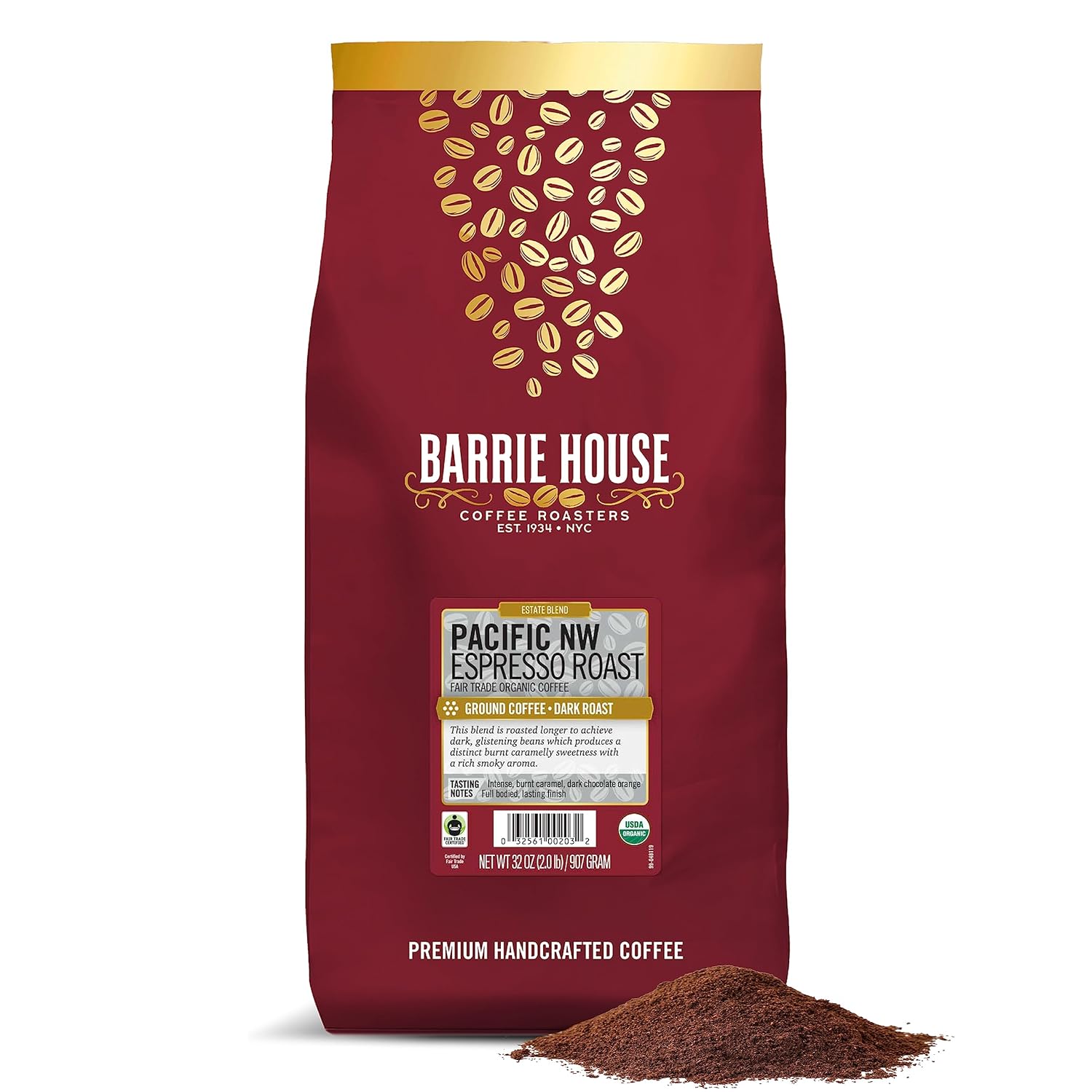 Barrie House Pacific Northwest Espresso Roast Ground Coffee| Dark Roast | Full-Bodied Flavor | 100% Arabica Coffee Beans I 2 Lb Bag