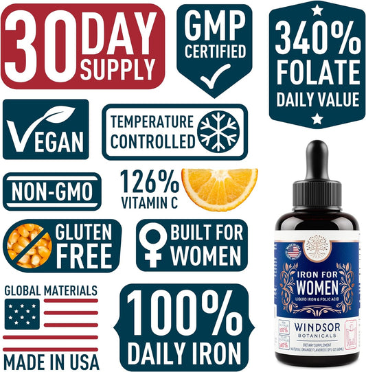 Windsor Botanicals Liquid Iron Supplements For Anemia - Folic Acid, Vitamin C, Vegan Blood Builder And Anemia Supplement - 2 Oz Orange Flavor Gentle Iron Drops For Women