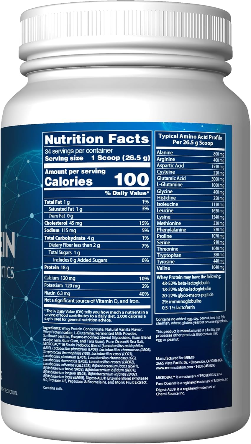 Mrm Nutrition Whey Protein | Vanilla Flavored |18G Protein | With 2 Billion Probiotics + Digestive Enzymes + Bcaas | High Absorption + Digestion | Hormone + Antibiotic Free | 33 Servings : Health & Household