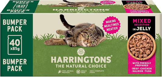 Harringtons Complete Wet Pouch Grain Free Hypoallergenic Adult Cat Food Mixed in Jelly Pack 40x85g - Beef, Chicken, Salmon & Tuna- Making Mealtimes Meatier?HARRWCATM-C40