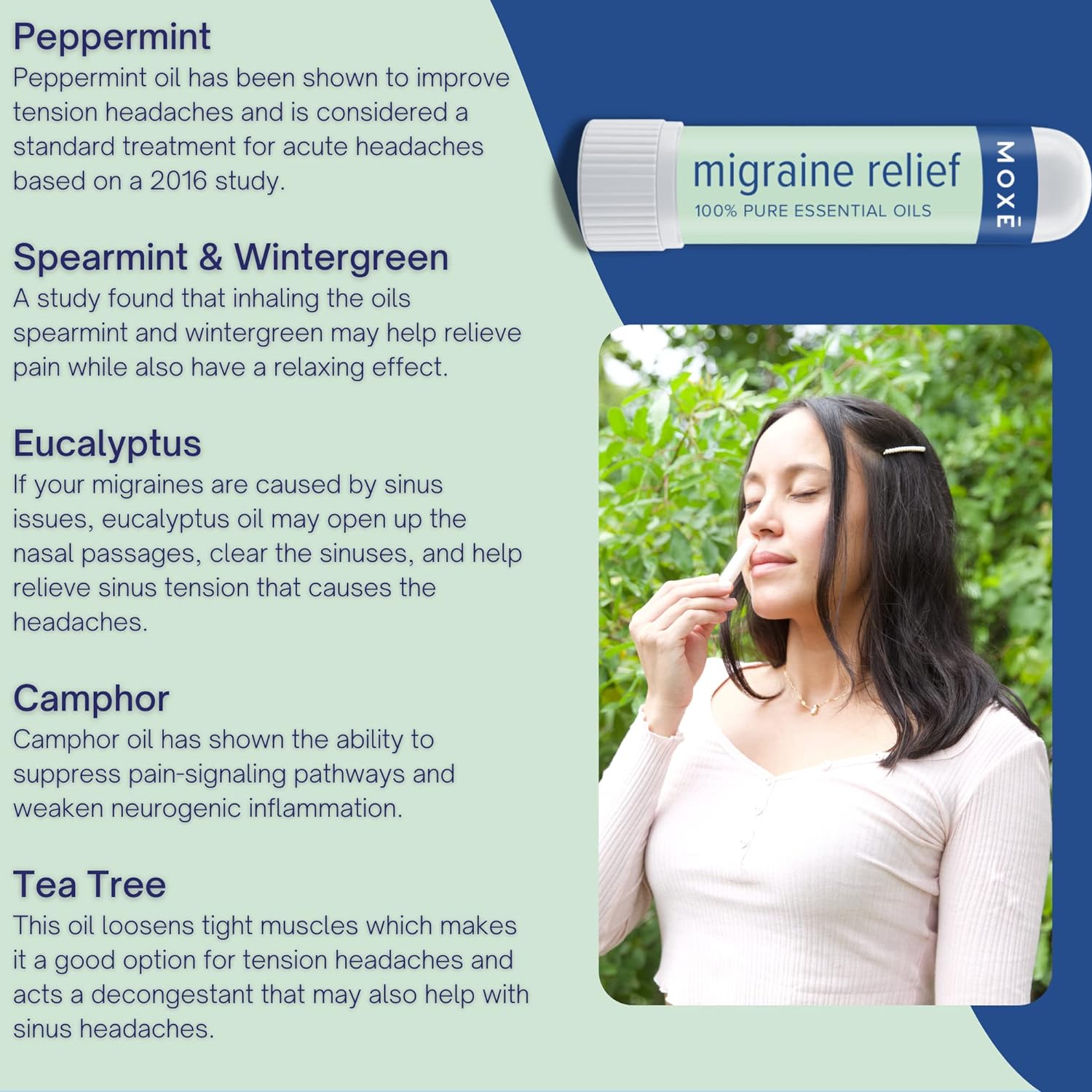 MOXE Migraine Relief Nasal Inhalers, Essential Oils for Headaches & Tension Relief, Portable Aromatherapy, Easy-to-Use, Pure & Undiluted, Peppermint, Spearmint, Eucalyptus, Tea Tree, USA Made, 3 Pack : Health & Household