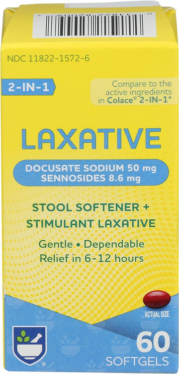 Rite Aid Stool Softener Plus Laxative Softgels 60 Count Constipation Relief Laxative Extra Strength, Overnight Fast Acting Laxative, Fiber Supplement & Stool Softeners Softgels