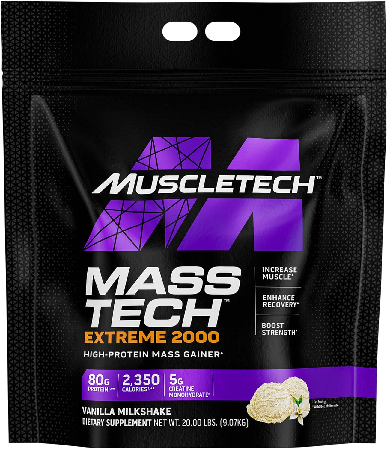 Muscletech Mass Gainer Protein Powder, Mass-Tech Extreme 2000, Muscle Builder Whey Protein Powder, Protein + Creatine + Carbs, Max-Protein Weight Gainer For Women & Men, Vanilla, 20 Lbs