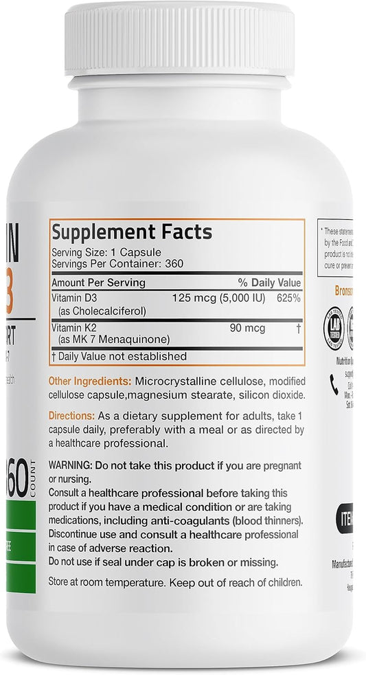 Bronson Vitamin K2 (Mk7) With D3 Supplement Non-Gmo Formula 5000 Iu Vitamin D3 & 90 Mcg Vitamin K2 Mk-7 Easy To Swallow Vitamin D & K Complex, 360 Capsules