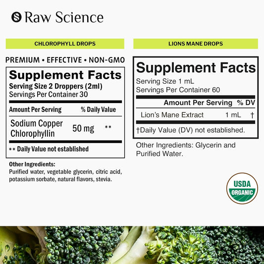Natural Energy Boost - Nootropics Brain Support & Oxygen Booster - Lions Mane Extract 2oz and Chlorophyll Drops 2oz : Health & Household