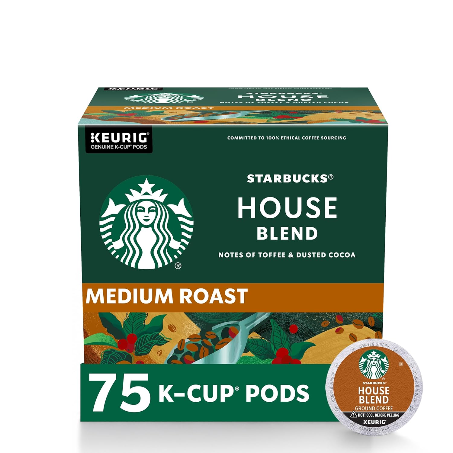 Starbucks K-Cup Coffee Pods, Medium Roast, House Blend For Keurig Brewers, 100% Arabica, 1 Box (75 Pods)