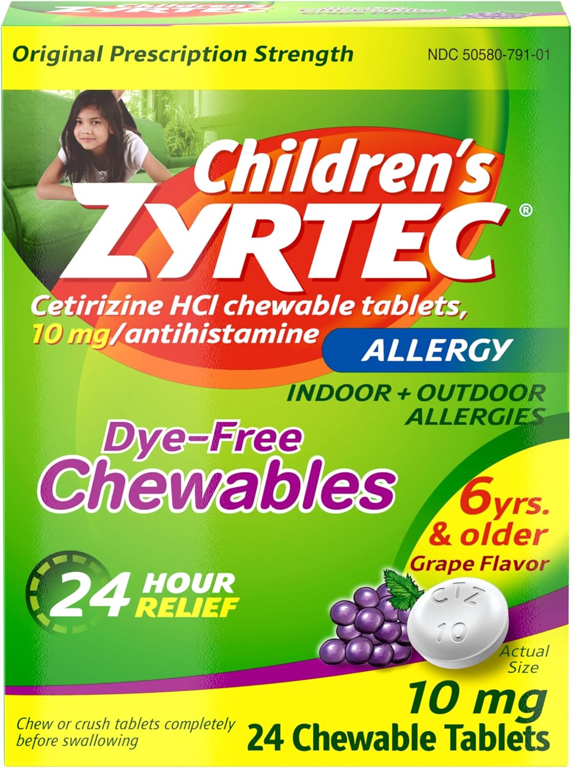 Zyrtec Children'S Dye-Free Chewables For 24 Hour Allergy Relief, 10 Mg Cetirizine Hcl Antihistamine Tablets, Kids Allergy Medicine Relieves Sneezing & Itchy Nose & Throat, Grape, 24 Ct