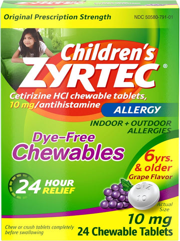 Zyrtec Children'S Dye-Free Chewables For 24 Hour Allergy Relief, 10 Mg Cetirizine Hcl Antihistamine Tablets, Kids Allergy Medicine Relieves Sneezing & Itchy Nose & Throat, Grape, 24 Ct