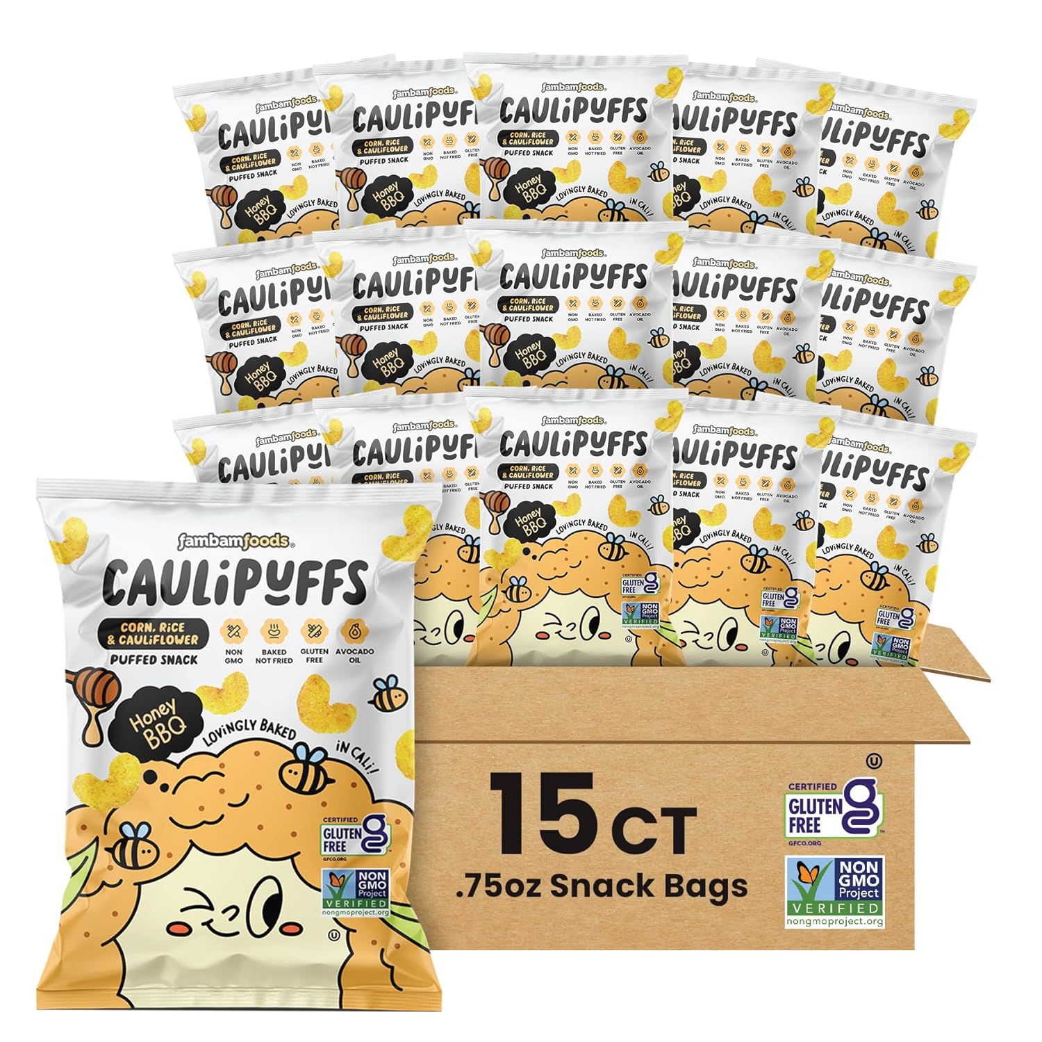 Honey Bbq Caulipuffs - Corn, Rice, And Cauliflower Gluten Free Puffed Snack (Box Of 15, 0.75Oz Bags)