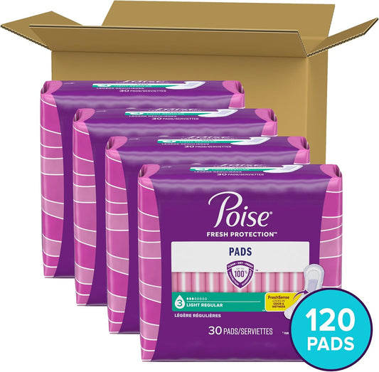 Poise Incontinence Pads & Postpartum Incontinence Pads, 3 Drop Light Absorbency, Regular Length, 120 Count (4 Packs Of 30), Packaging May Vary