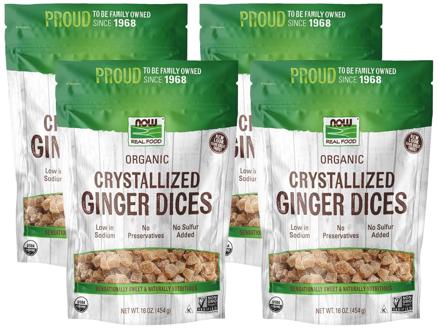 Now Foods, Organic Crystallized Ginger Dices, Low-Sodium, Preservative-Free And Non-Gmo, 16-Ounce (Packaging May Vary) (Pack Of 4)