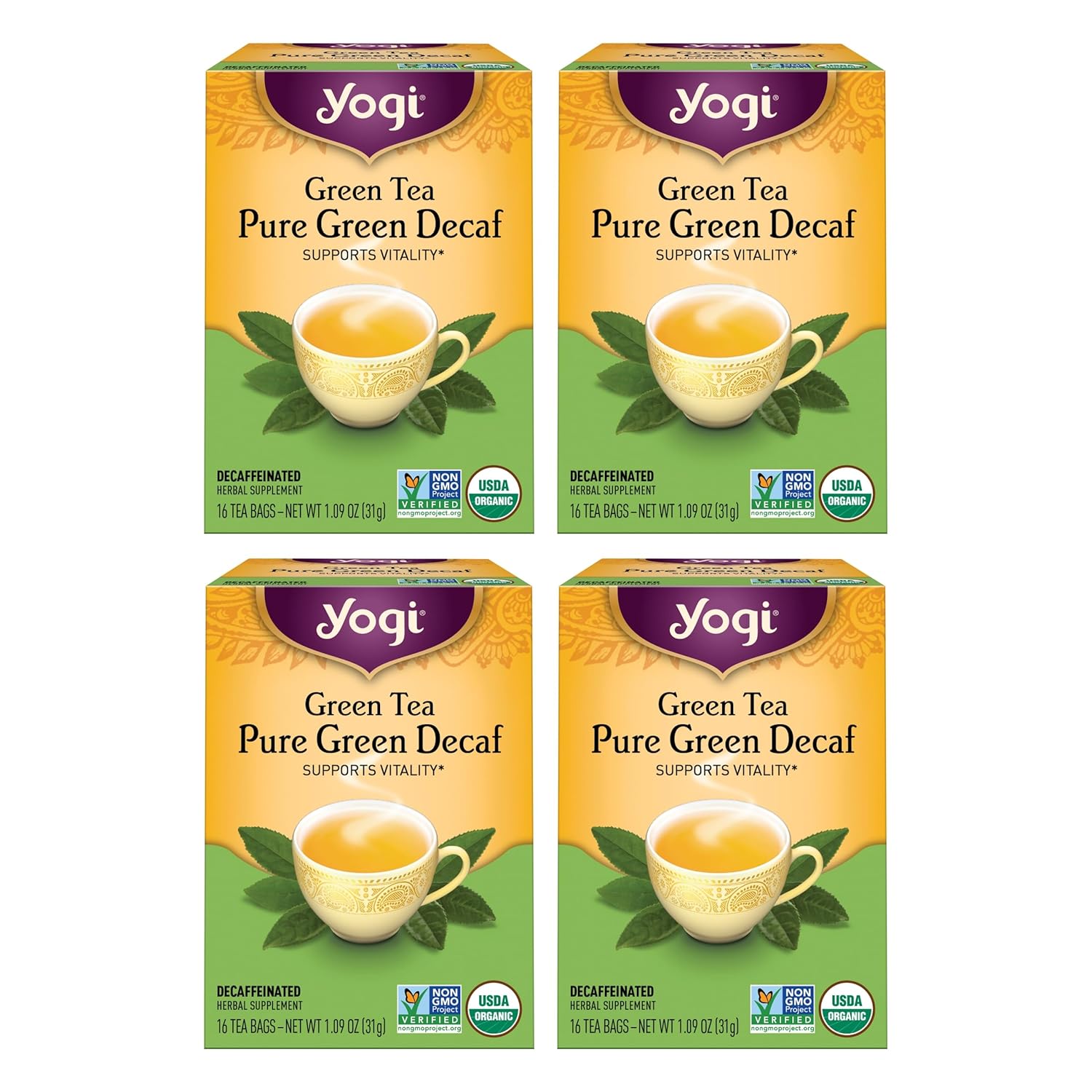 Yogi Tea Green Tea Pure Green Decaf Tea - 16 Tea Bags Per Pack (4 Packs) - Organic Decaffeinated Green Tea - Supports Overall Health - Made From Organic Decaffeinated Green Tea Leaf