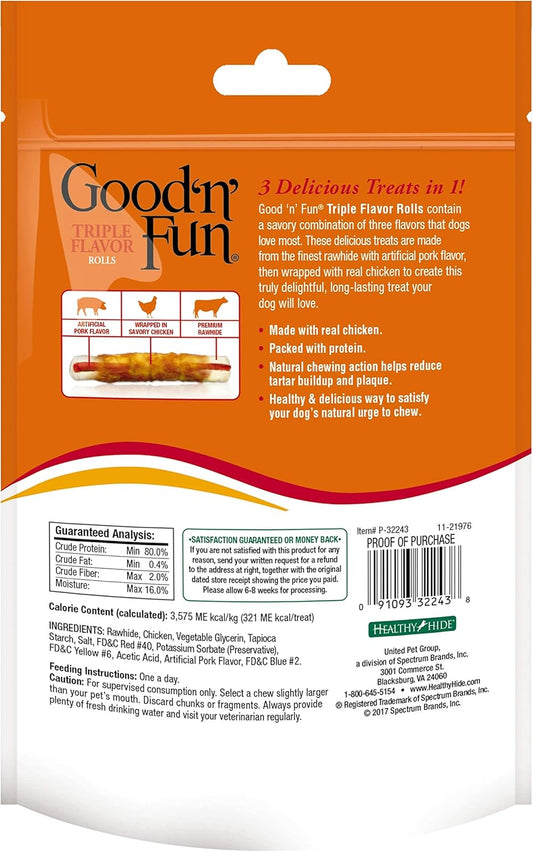 Good ’N’ Fun Triple Flavor Chews 4 Count, 7 Inch Rolls, Rawhide For Dogs