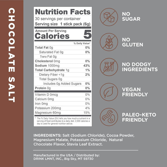 Lmnt Zero Sugar Hot Chocolate Or Coffee Mixer - Chocolate Salt | Drink Mix | 30-Count