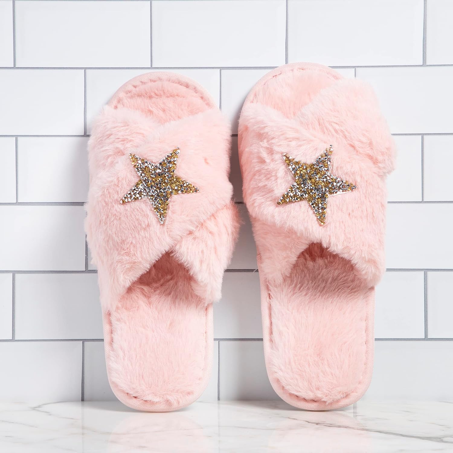 Nicole Miller Bath And Body Present Set Piece Foot Spa Set With Fuzzy Slippers, A Sponge, Foot Lotion, And Foot Scrub, Rosehip With Sparkle Star Slippers : Beauty & Personal Care